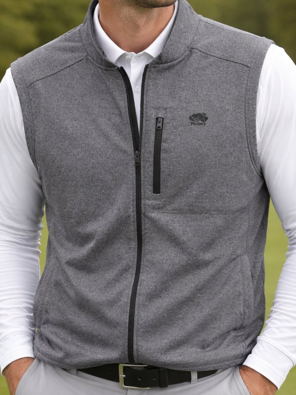 Roots brand men's sleeveless vest in a grey heather color